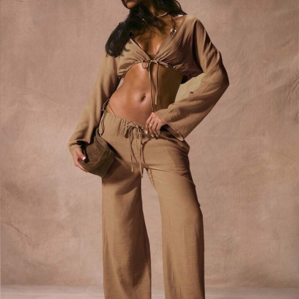 Open Plunge Neck Adjustable Tie Hem Top and Pants Set